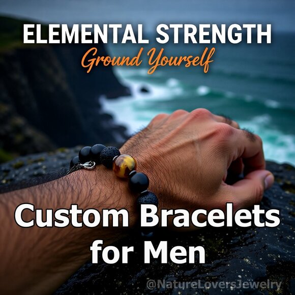 Blue Sea Sediment Jasper + Lava Beads Bracelet - Large Men's Bracelet 8.5" Wrist - Picture 10 of 11